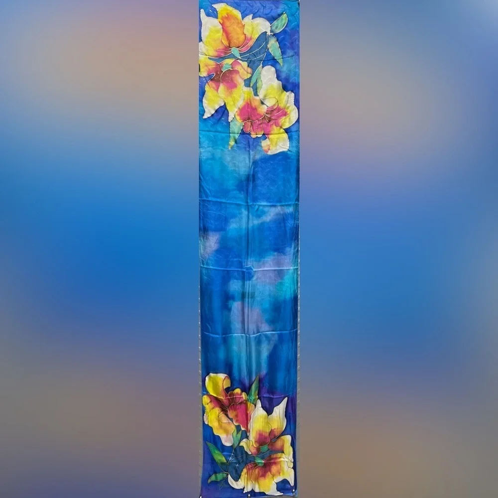 Vintage Silk Hand Painted Blue Yellow Pink Gold Scarf